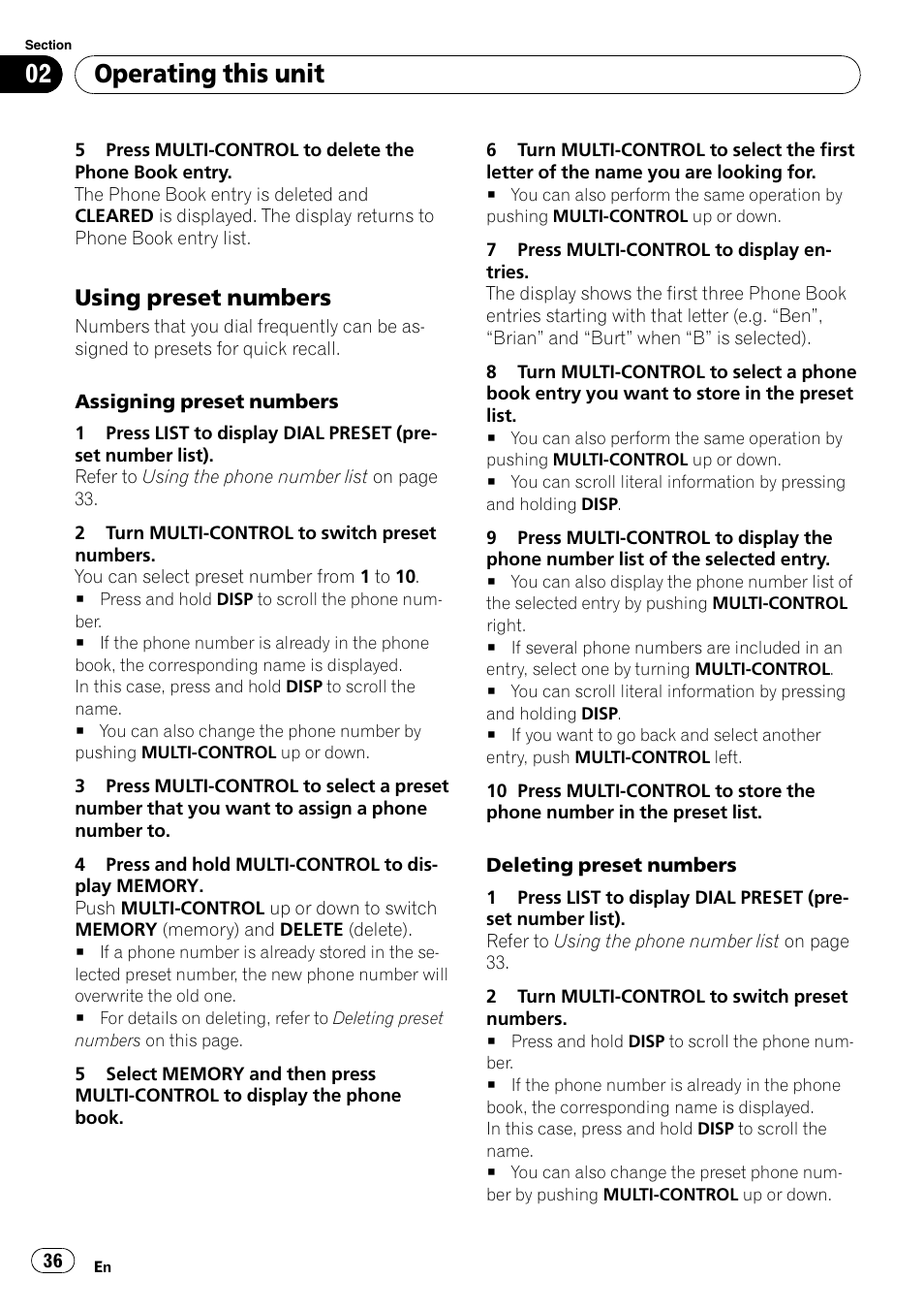 Using preset numbers 36, Operating this unit, Using preset numbers | Pioneer DEH-P7000BT User Manual | Page 36 / 77