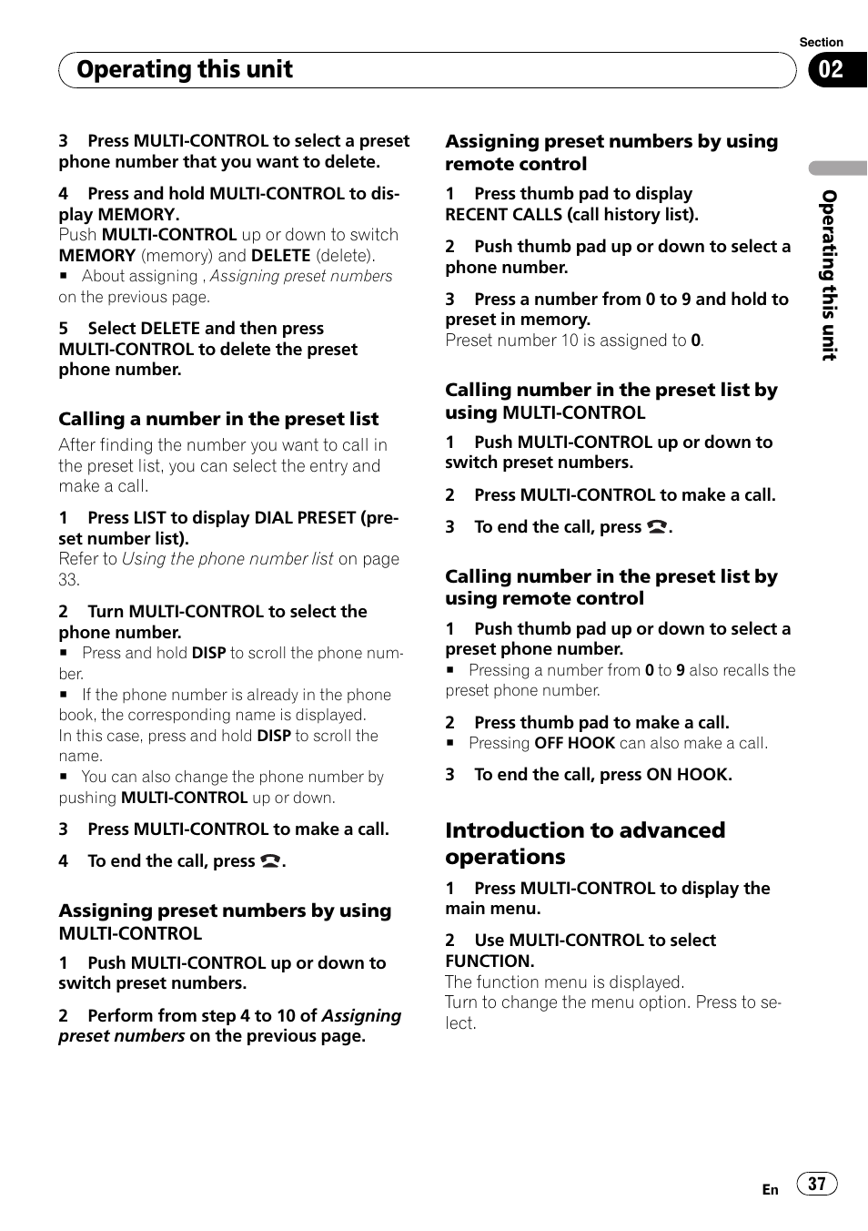 Introduction to advanced, Operations, Operating this unit | Introduction to advanced operations | Pioneer DEH-P7000BT User Manual | Page 37 / 77