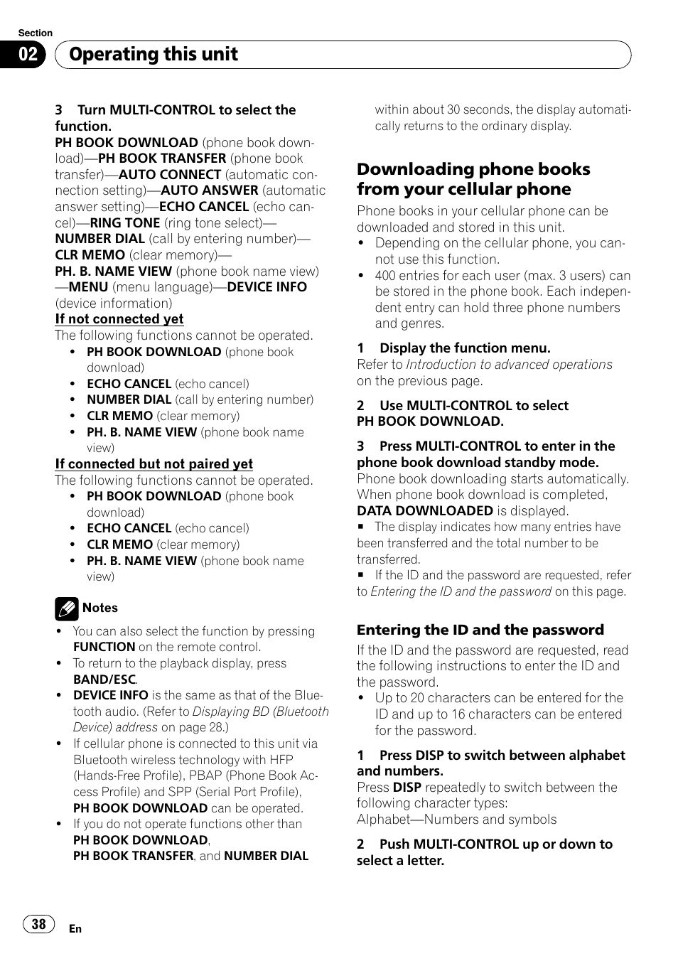 Downloading phone books from your, Cellular phone, Operating this unit | Downloading phone books from your cellular phone | Pioneer DEH-P7000BT User Manual | Page 38 / 77