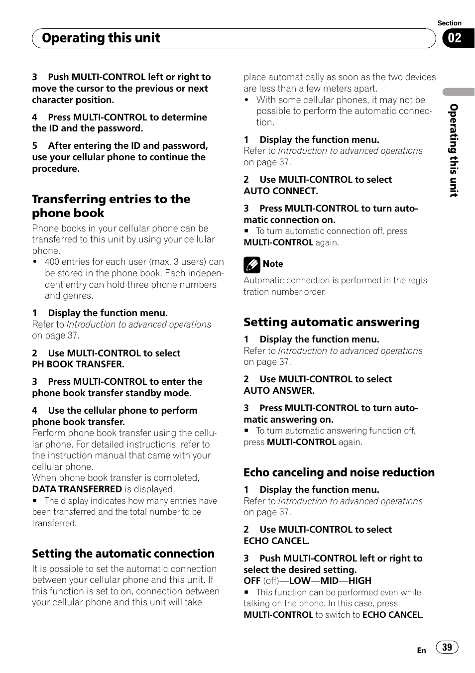 Transferring entries to the phone, Book, Setting the automatic connection 39 | Setting automatic answering 39, Echo canceling and noise, Reduction, Operating this unit, Transferring entries to the phone book, Setting the automatic connection, Setting automatic answering | Pioneer DEH-P7000BT User Manual | Page 39 / 77