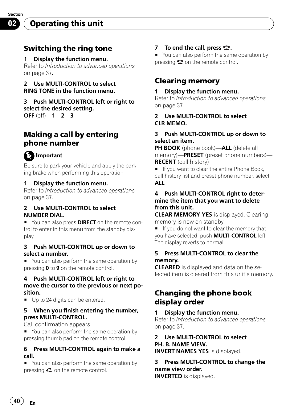 Switching the ring tone 40, Making a call by entering phone, Number | Clearing memory 40, Changing the phone book display, Order, Operating this unit, Switching the ring tone, Making a call by entering phone number, Changing the phone book display order | Pioneer DEH-P7000BT User Manual | Page 40 / 77