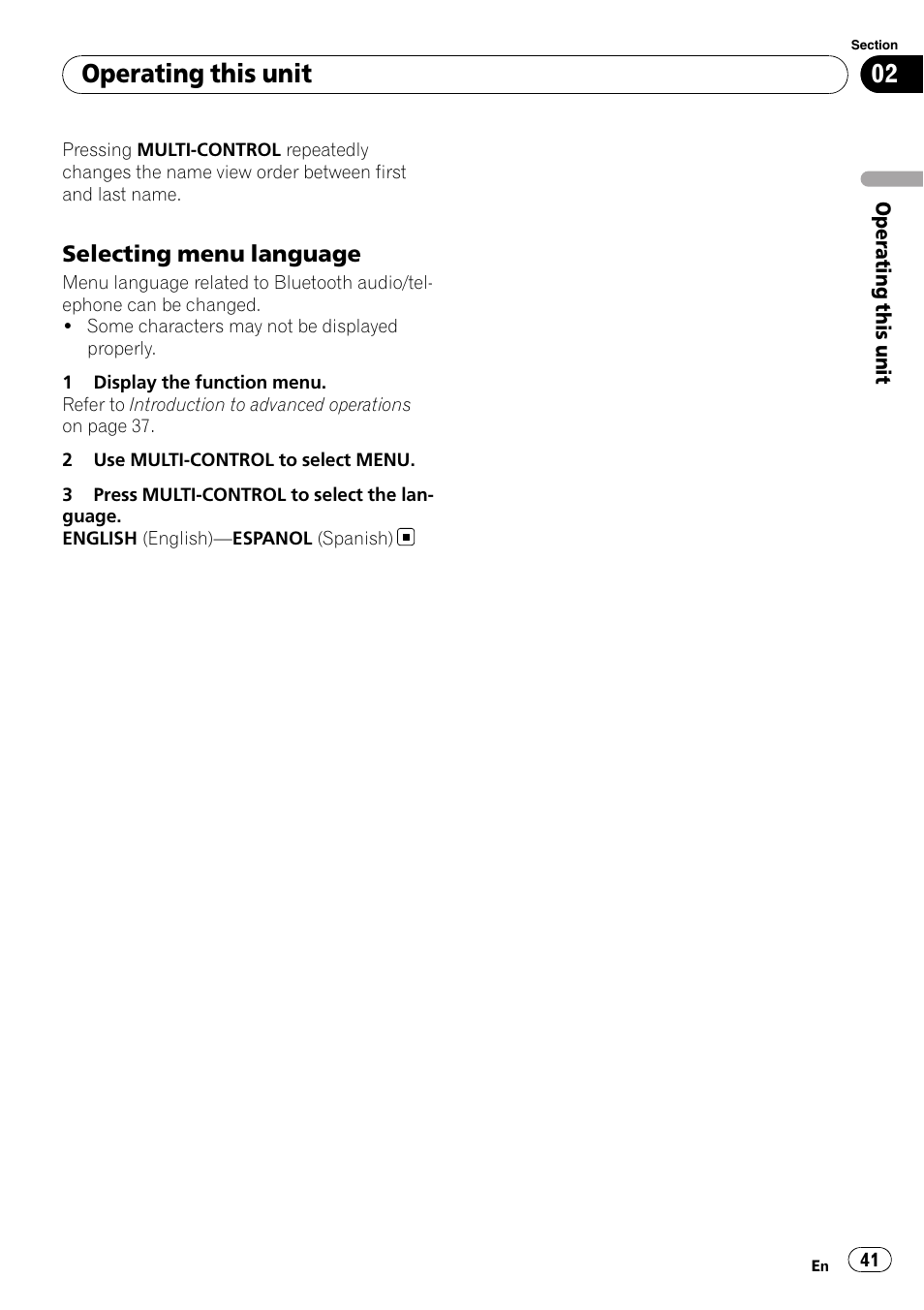 Selecting menu language 41, Operating this unit | Pioneer DEH-P7000BT User Manual | Page 41 / 77