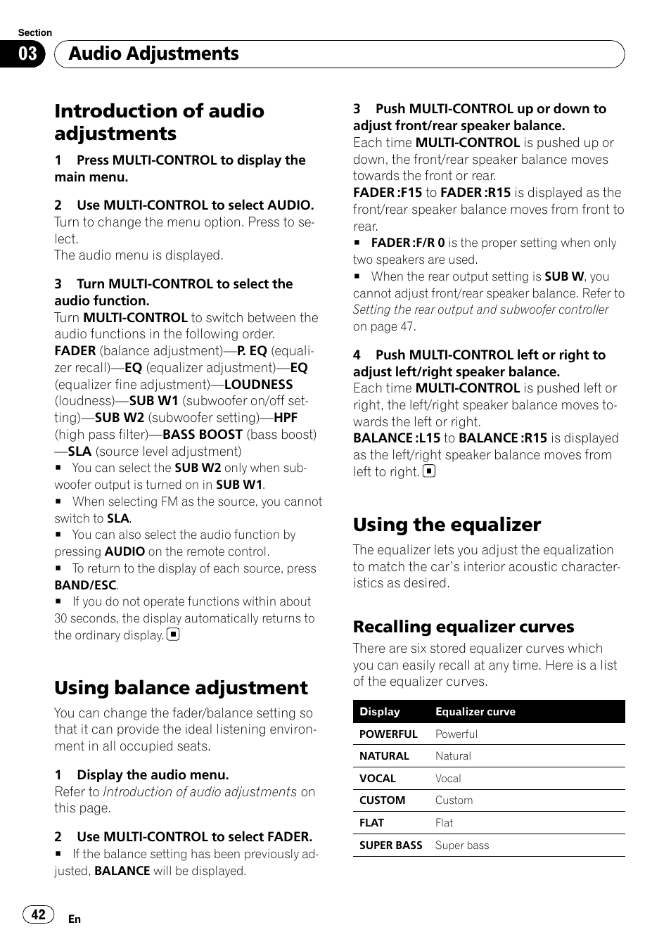 Using balance adjustment, Using the equalizer, Recalling equalizer curves 42 | Introduction of audio adjustments, Audio adjustments, Recalling equalizer curves | Pioneer DEH-P7000BT User Manual | Page 42 / 77
