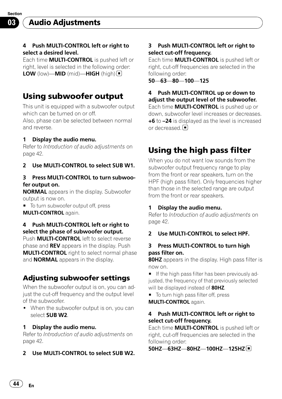 Using subwoofer output, Adjusting subwoofer settings 44, Using the high pass filter | Audio adjustments, Adjusting subwoofer settings | Pioneer DEH-P7000BT User Manual | Page 44 / 77