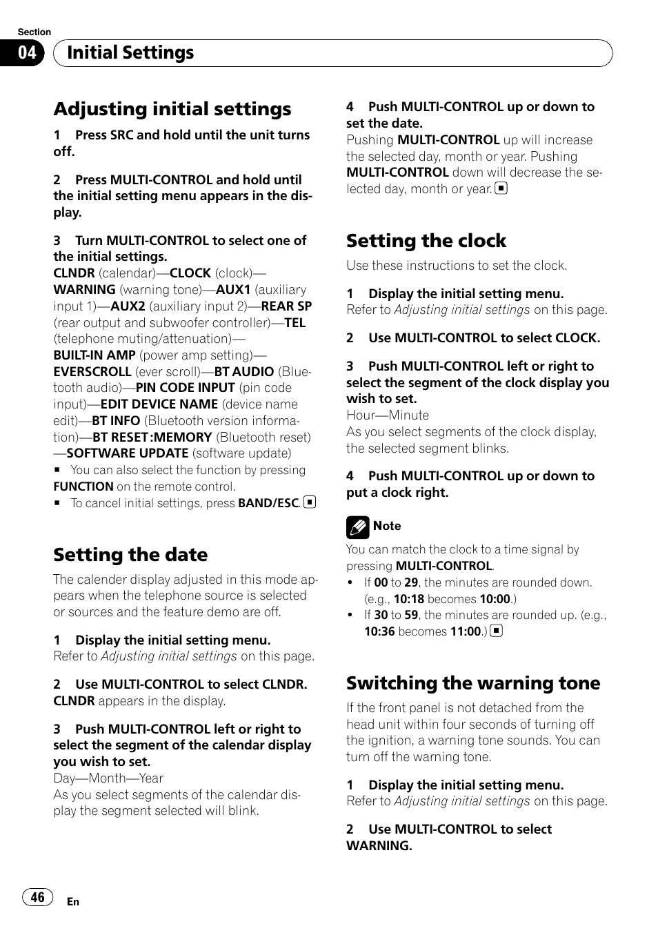 Initial settings adjusting initial settings, Setting the date, Setting the clock | Switching the warning tone, Adjusting initial settings, Initial settings | Pioneer DEH-P7000BT User Manual | Page 46 / 77