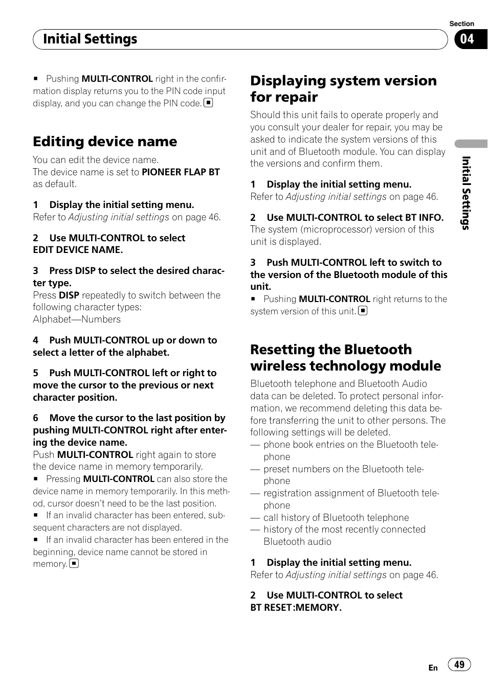 Editing device name, Displaying system version for repair, Resetting the bluetooth wireless technology | Module, Resetting the bluetooth wireless technology module, Initial settings | Pioneer DEH-P7000BT User Manual | Page 49 / 77