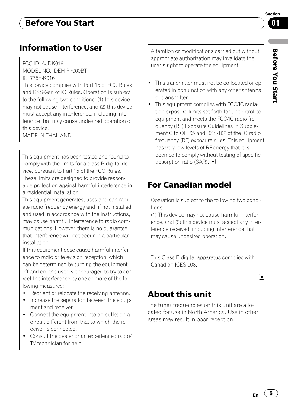 Before you start, Information to user, For canadian model | About this unit | Pioneer DEH-P7000BT User Manual | Page 5 / 77