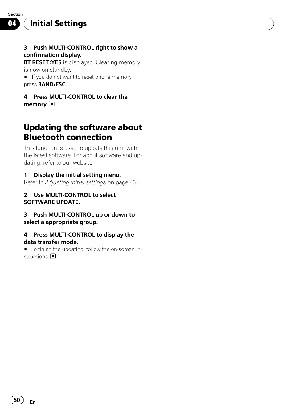 Updating the software about bluetooth, Connection, Updating the software about bluetooth connection | Initial settings | Pioneer DEH-P7000BT User Manual | Page 50 / 77