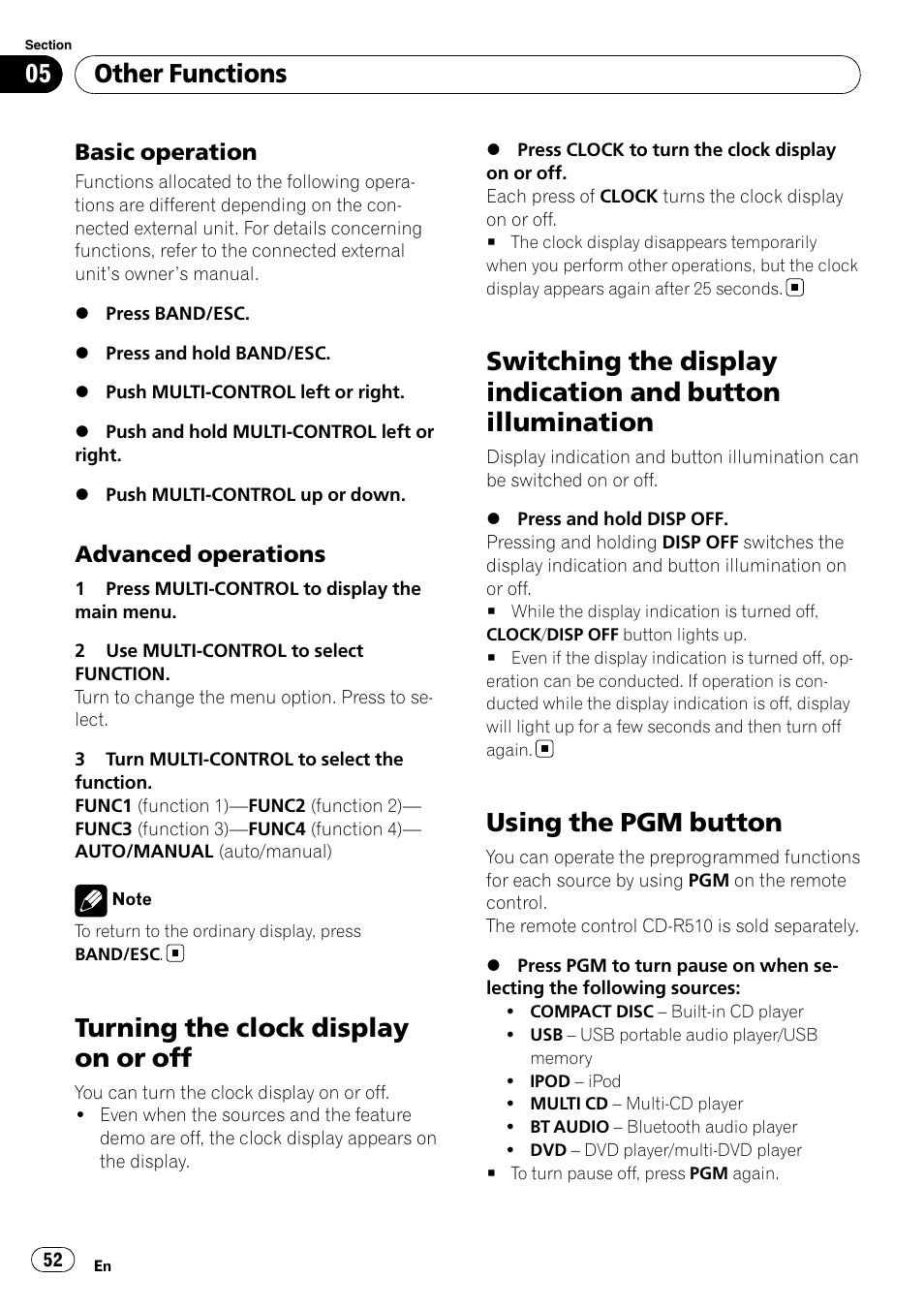 Basic operation 52, Advanced operations 52, Turning the clock display on or off | Switching the display indication and button, Illumination, Using the pgm button, Other functions | Pioneer DEH-P7000BT User Manual | Page 52 / 77