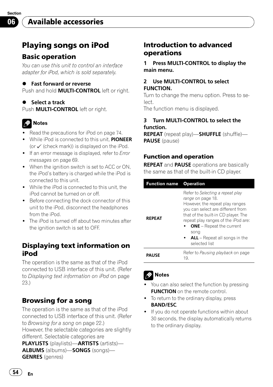 Available accessories playing songs on ipod, Basic operation 54, Displaying text information on | Ipod, Browsing for a song 54, Introduction to advanced, Operations, Playing songs on ipod, Available accessories, Basic operation | Pioneer DEH-P7000BT User Manual | Page 54 / 77