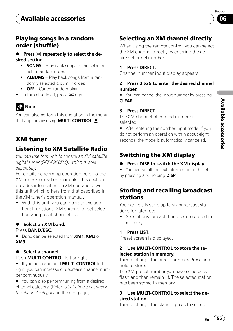 Playing songs in a random order, Shuffle), Xm tuner | Listening to xm satellite radio 55, Selecting an xm channel directly 55, Switching the xm display 55, Storing and recalling broadcast, Stations, Available accessories, Playing songs in a random order (shuffle) | Pioneer DEH-P7000BT User Manual | Page 55 / 77