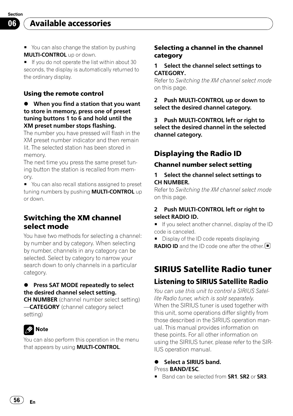 Switching the xm channel select, Mode, Displaying the radio id 56 | Sirius satellite radio tuner, Listening to sirius satellite radio 56, Available accessories, Switching the xm channel select mode, Displaying the radio id, Listening to sirius satellite radio | Pioneer DEH-P7000BT User Manual | Page 56 / 77