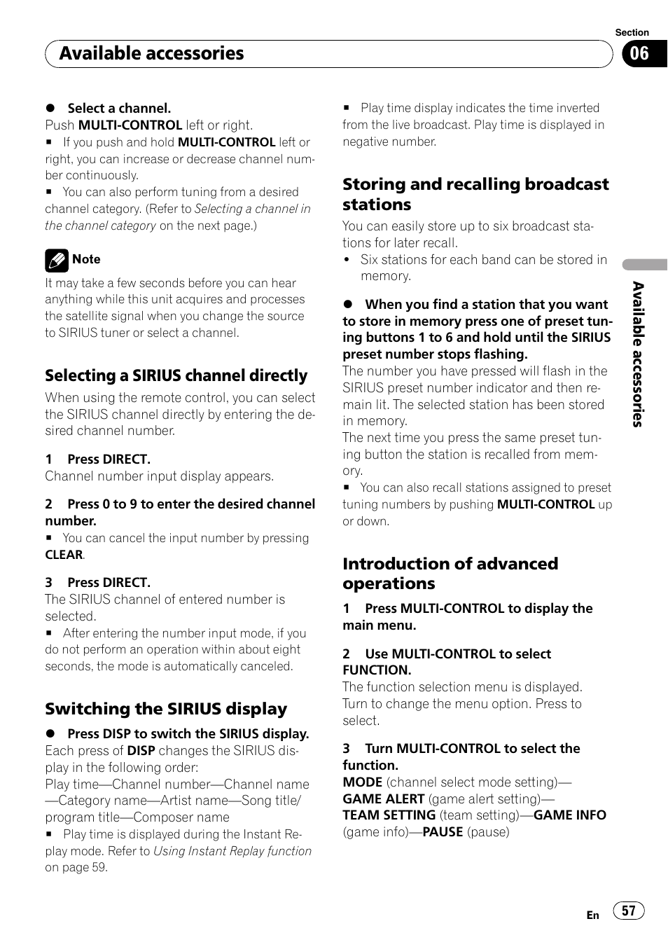 Selecting a sirius channel, Directly, Switching the sirius display 57 | Storing and recalling broadcast, Stations, Introduction of advanced, Operations, Available accessories, Selecting a sirius channel directly, Switching the sirius display | Pioneer DEH-P7000BT User Manual | Page 57 / 77