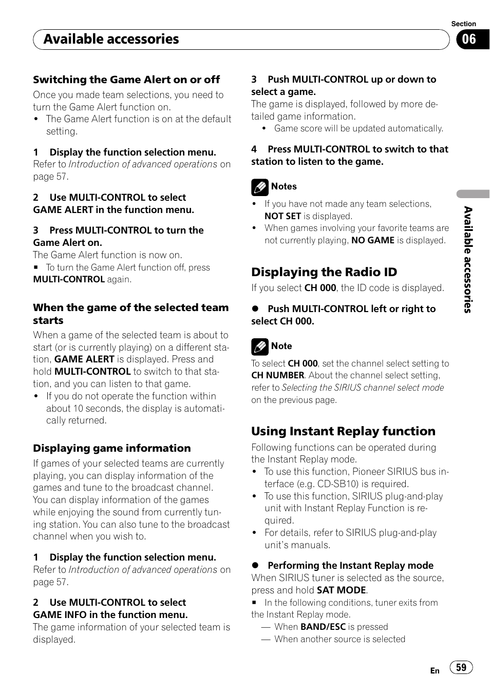 Displaying the radio id 59, Using instant replay function 59, Using instant re | Available accessories, Displaying the radio id, Using instant replay function | Pioneer DEH-P7000BT User Manual | Page 59 / 77