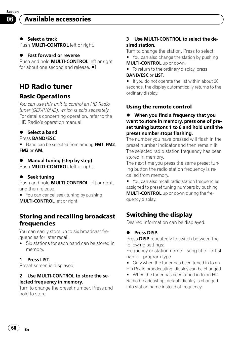 Hd radio tuner, Basic operations 60, Storing and recalling broadcast | Frequencies, Switching the display 60, Available accessories, Basic operations, Storing and recalling broadcast frequencies, Switching the display | Pioneer DEH-P7000BT User Manual | Page 60 / 77