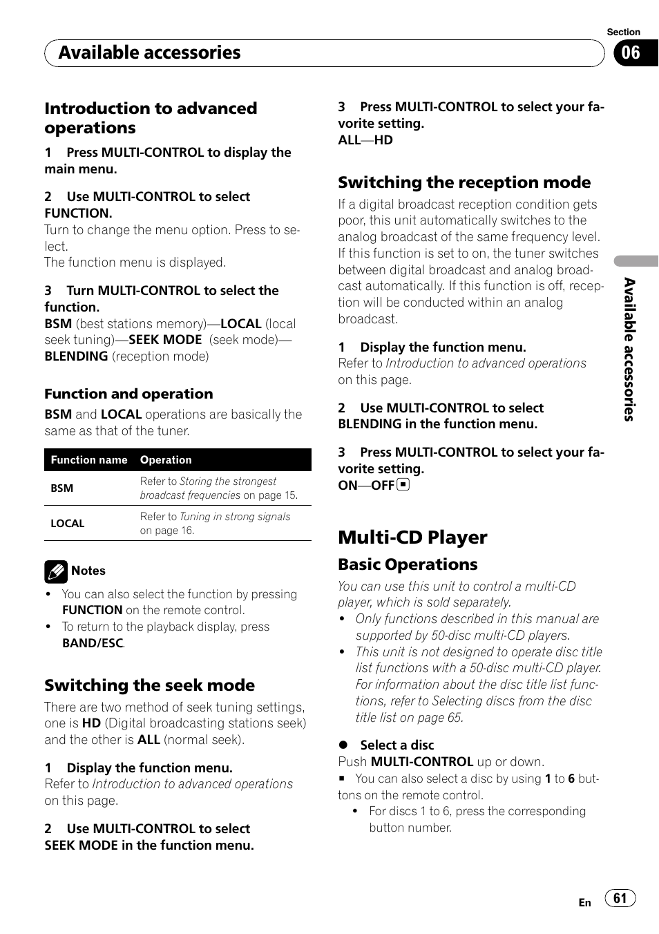 Introduction to advanced, Operations, Switching the seek mode 61 | Switching the reception mode 61, Multi-cd player, Basic operations 61, Available accessories, Introduction to advanced operations, Switching the seek mode, Switching the reception mode | Pioneer DEH-P7000BT User Manual | Page 61 / 77