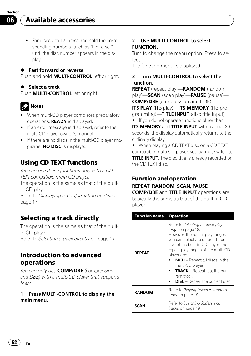 Using cd text functions 62, Selecting a track directly 62, Introduction to advanced | Operations, Available accessories, Using cd text functions, Selecting a track directly, Introduction to advanced operations | Pioneer DEH-P7000BT User Manual | Page 62 / 77