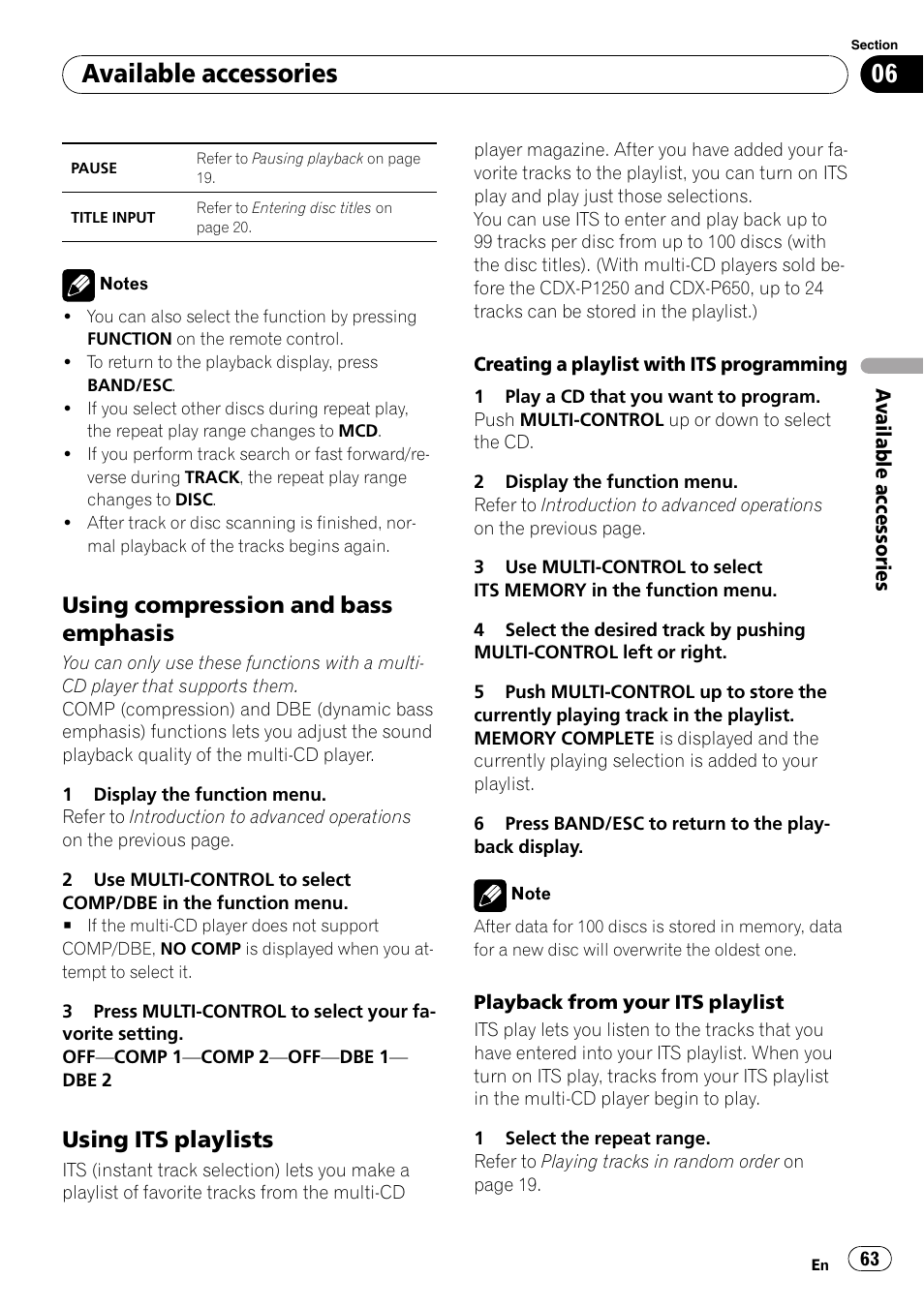 Using compression and bass, Emphasis, Using its playlists 63 | Available accessories, Using compression and bass emphasis, Using its playlists | Pioneer DEH-P7000BT User Manual | Page 63 / 77