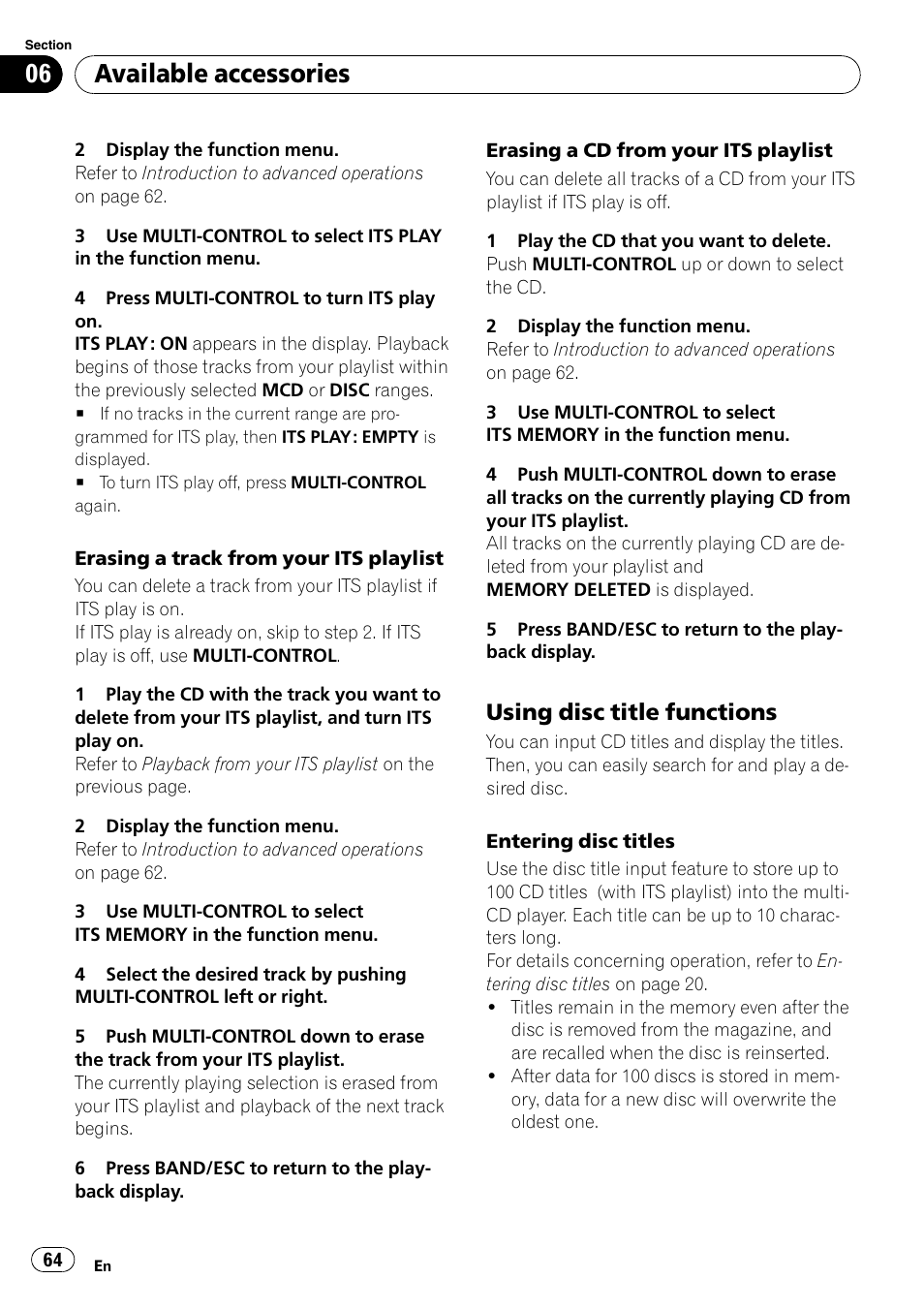 Using disc title functions 64, Available accessories, Using disc title functions | Pioneer DEH-P7000BT User Manual | Page 64 / 77