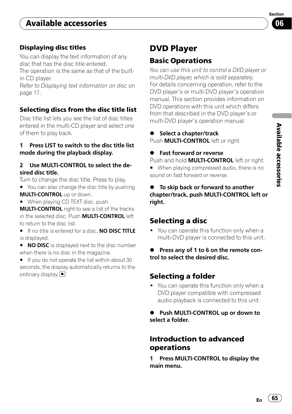 Dvd player, Basic operations 65, Selecting a disc 65 | Selecting a folder 65, Introduction to advanced, Operations, Available accessories | Pioneer DEH-P7000BT User Manual | Page 65 / 77