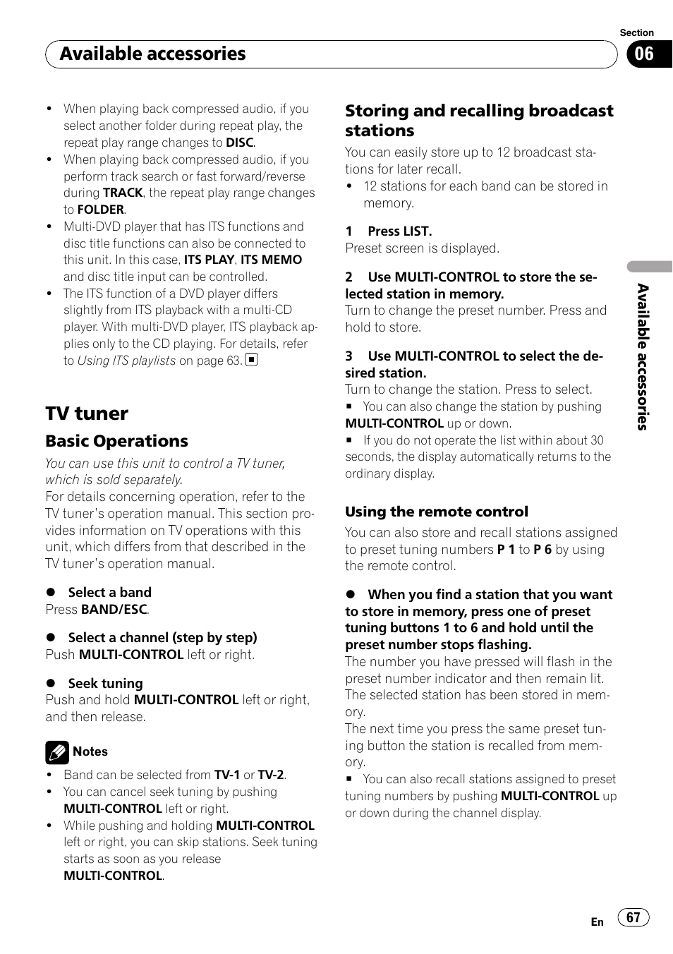 Tv tuner, Basic operations 67, Storing and recalling broadcast | Stations, Available accessories, Basic operations, Storing and recalling broadcast stations | Pioneer DEH-P7000BT User Manual | Page 67 / 77