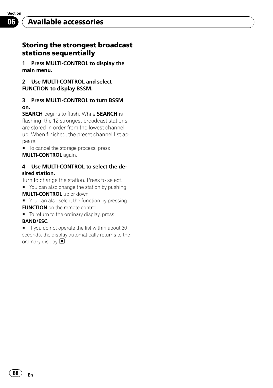 Storing the strongest broadcast, Stations sequentially, Available accessories | Pioneer DEH-P7000BT User Manual | Page 68 / 77