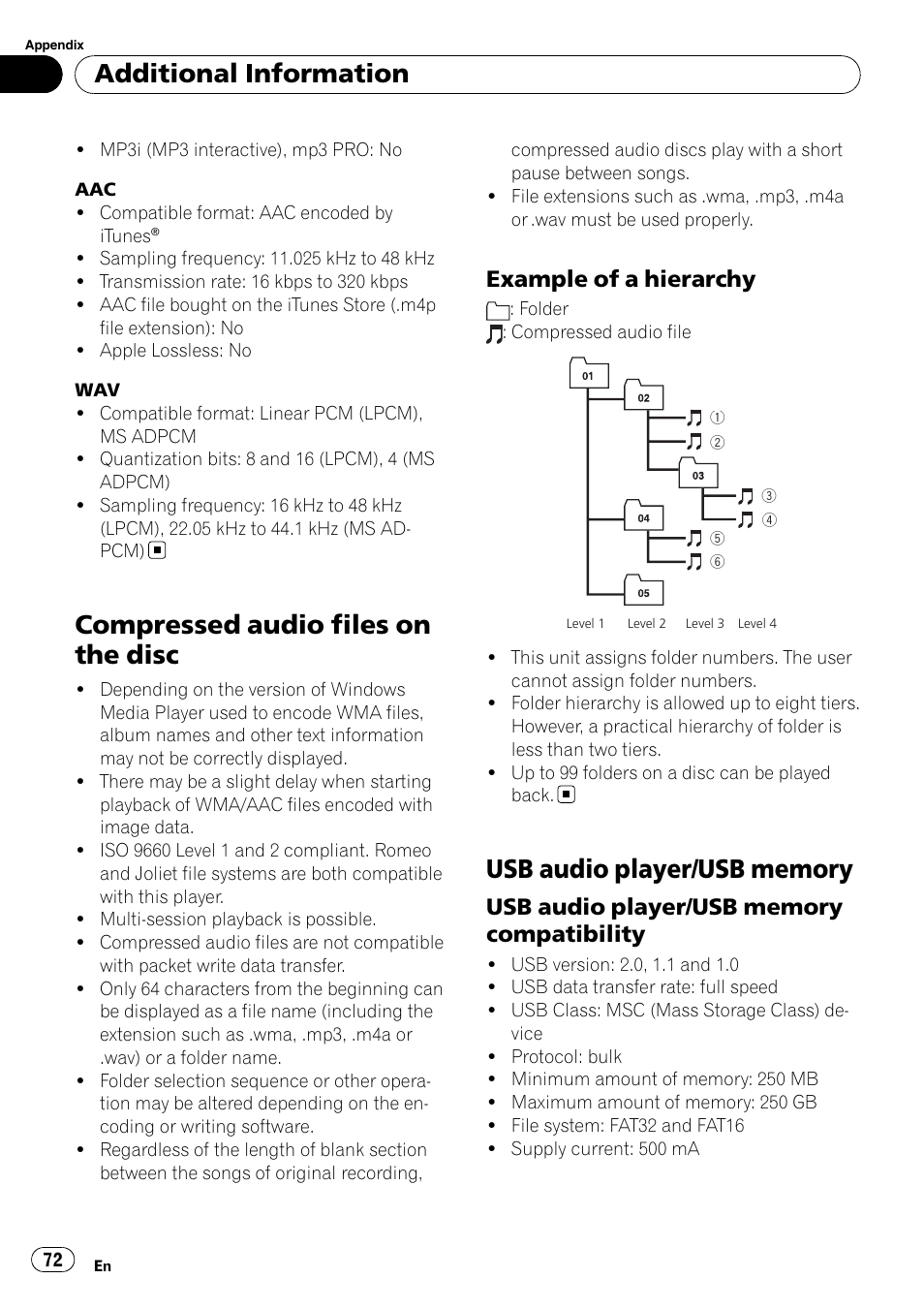 Compressed audio files on the disc, Example of a hierarchy 72, Usb audio player/usb memory | Compatibility, Additional information, Example of a hierarchy | Pioneer DEH-P7000BT User Manual | Page 72 / 77