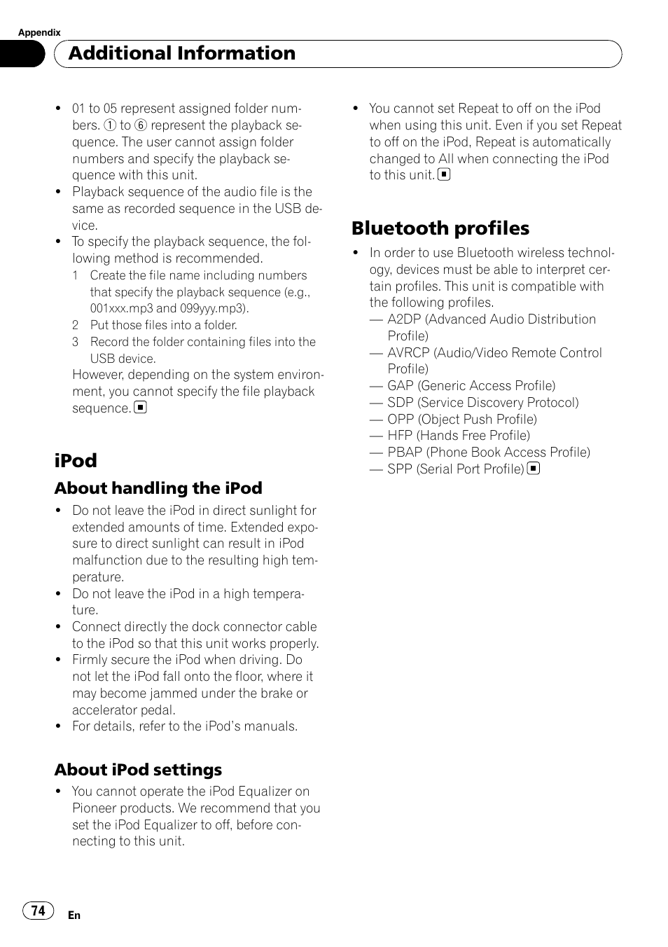 Ipod, About handling the ipod 74, About ipod settings 74 | Bluetooth profiles, Additional information, About handling the ipod, About ipod settings | Pioneer DEH-P7000BT User Manual | Page 74 / 77