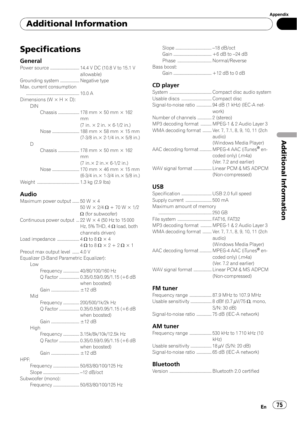 Specifications, Additional information | Pioneer DEH-P7000BT User Manual | Page 75 / 77