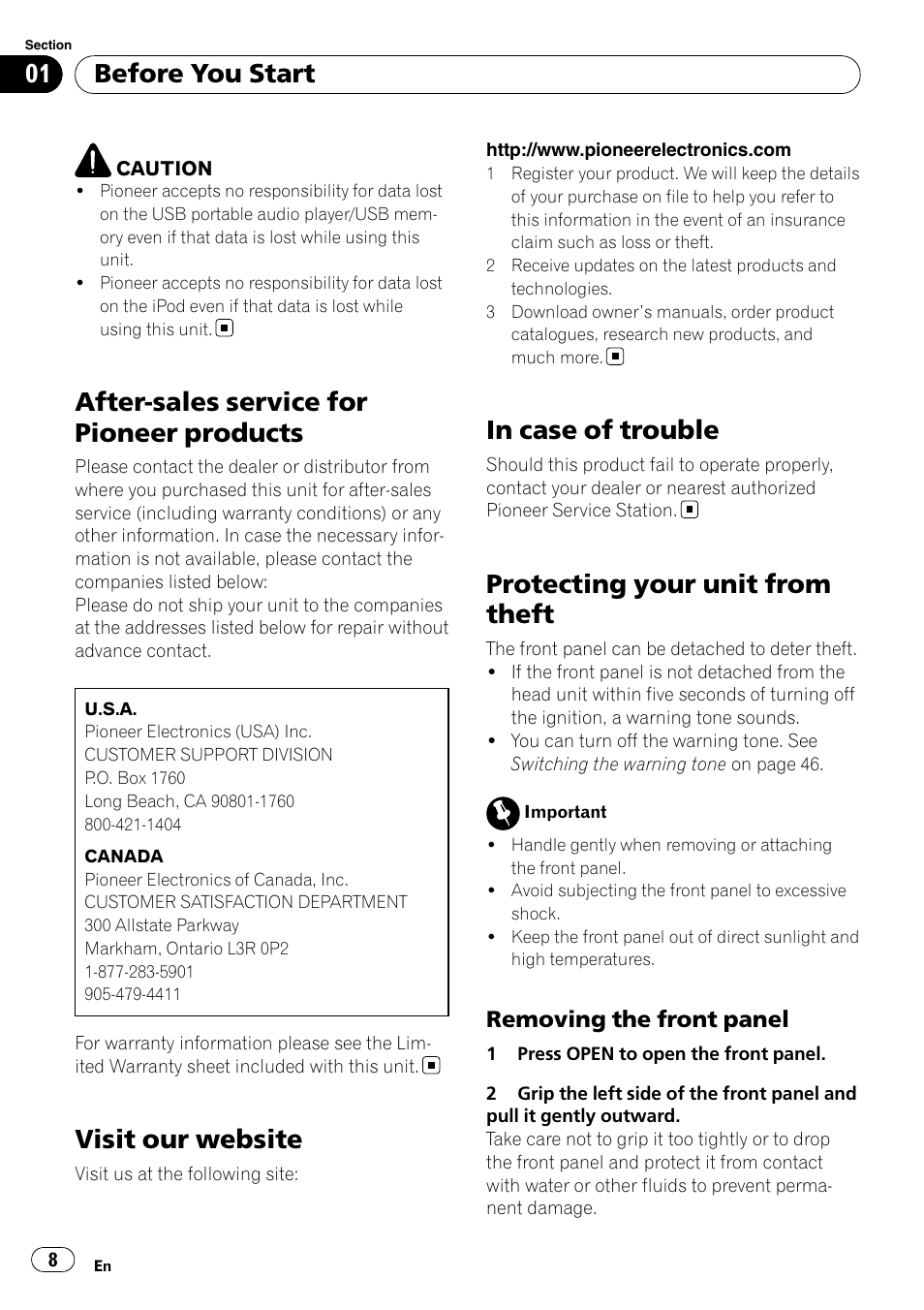 After-sales service for pioneer products, Visit our website, In case of trouble | Protecting your unit from theft, Removing the front panel 8, Before you start, Removing the front panel | Pioneer DEH-P7000BT User Manual | Page 8 / 77