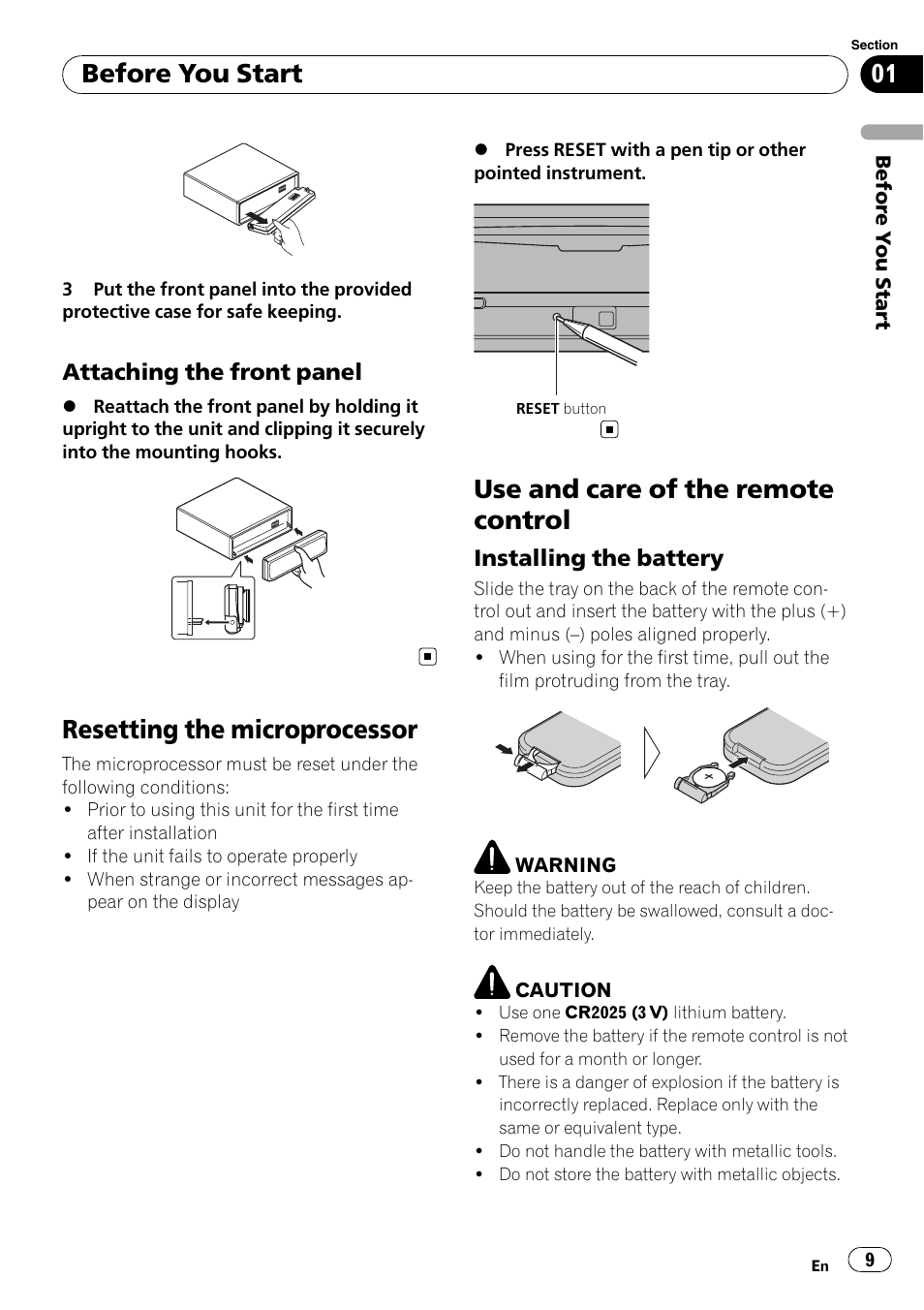Attaching the front panel 9, Resetting the microprocessor, Use and care of the remote control | Installing the battery 9, Before you start | Pioneer DEH-P7000BT User Manual | Page 9 / 77