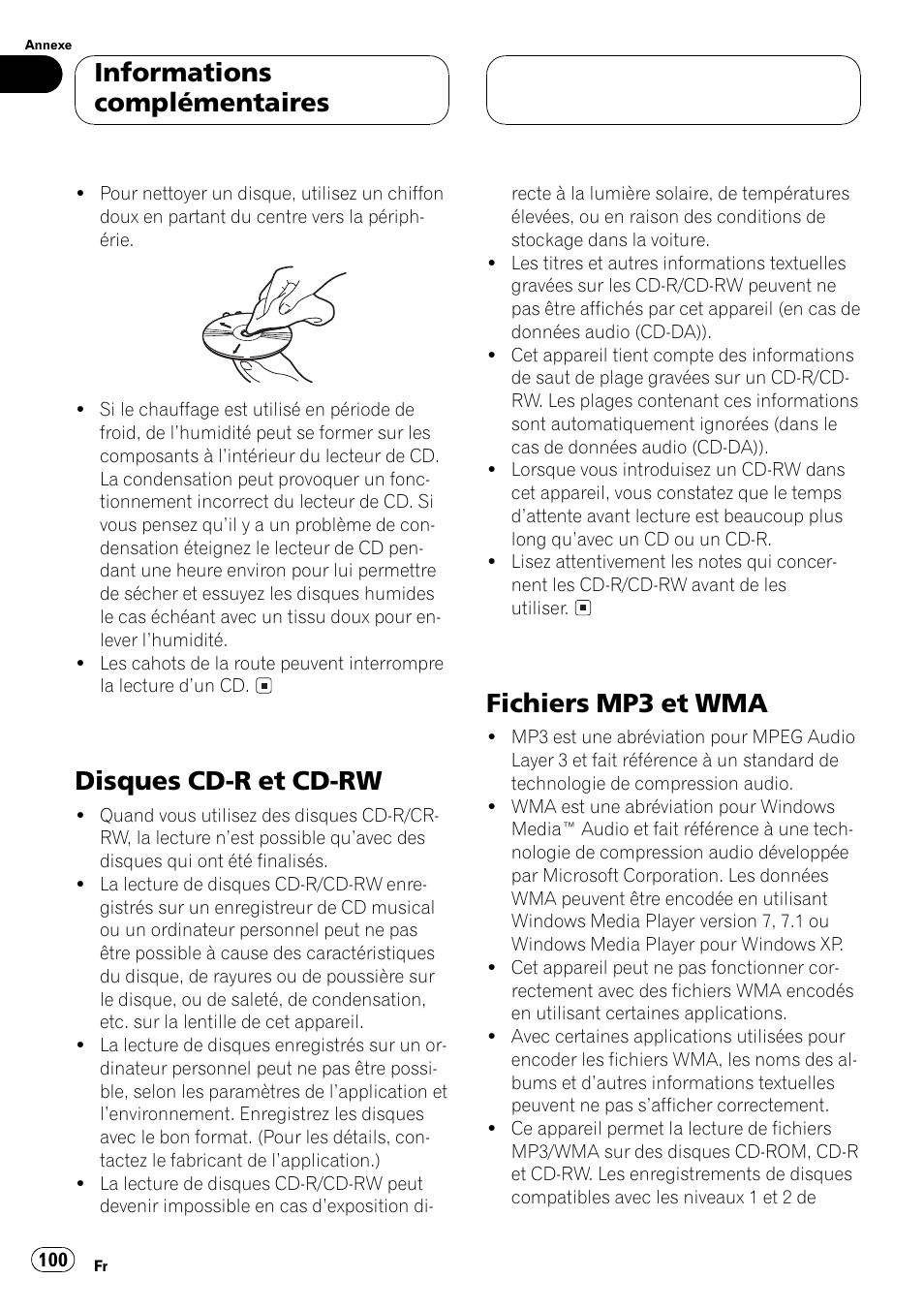 Disques cd-r et cd-rw 100, Fichiers mp3 et wma 100, Disques cd-r et cd-rw | Fichiers mp3 et wma, Informations complémentaires | Pioneer DEH-P5500MP User Manual | Page 100 / 160