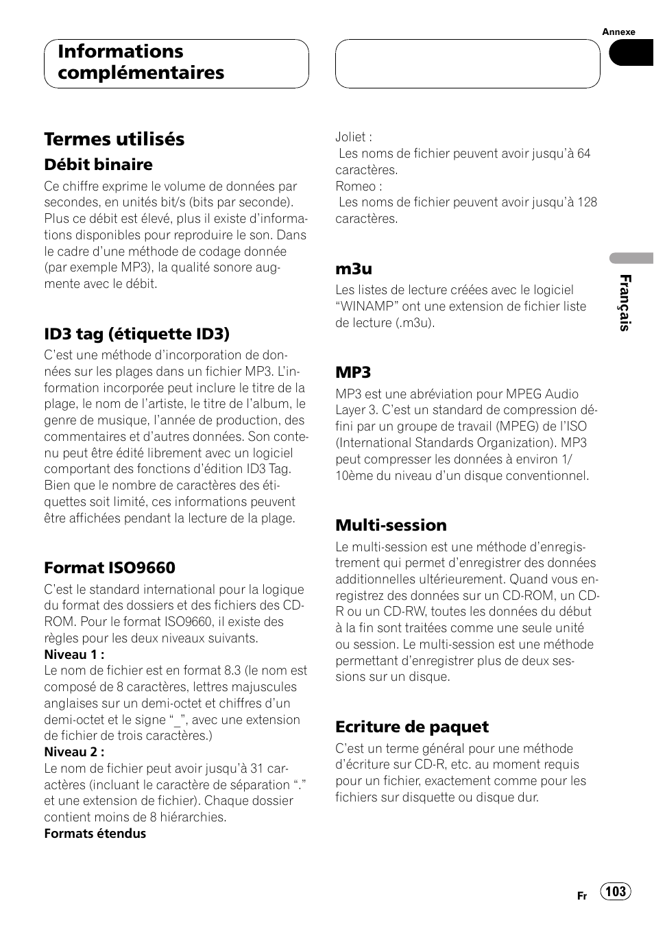 Termes utilisés 103, Termes utilisés, Informations complémentaires | Pioneer DEH-P5500MP User Manual | Page 103 / 160