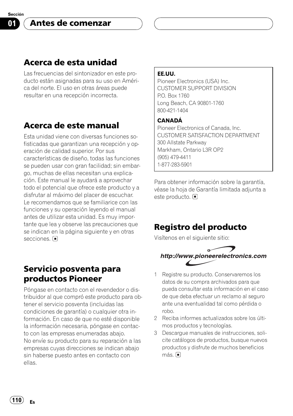 Antes de comenzar acerca de esta unidad 110, Acerca de este manual 110, Servicio posventa para productos | Pioneer 110, Registro del producto 110, Acerca de esta unidad, Acerca de este manual, Servicio posventa para productos pioneer, Registro del producto, Antes de comenzar | Pioneer DEH-P5500MP User Manual | Page 110 / 160