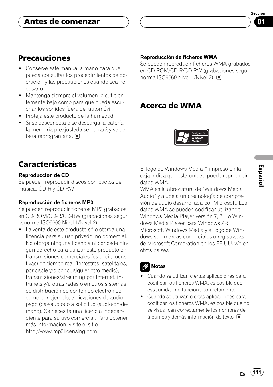 Precauciones 111, Características 111, Acerca de wma 111 | Precauciones, Características, Acerca de wma, Antes de comenzar | Pioneer DEH-P5500MP User Manual | Page 111 / 160