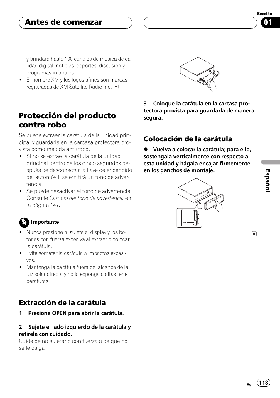 Protección del producto contra robo 113, Extracción de la carátula 113, Colocación de la carátula 113 | Protección del producto contra robo, Antes de comenzar | Pioneer DEH-P5500MP User Manual | Page 113 / 160