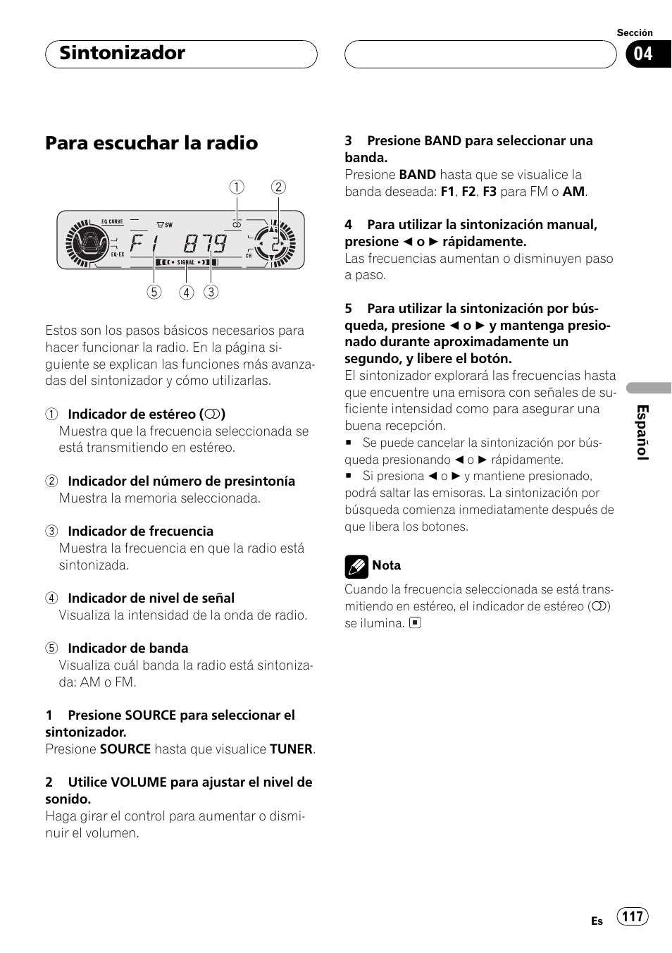 Sintonizador, Para escuchar la radio 117, Para escuchar la radio | Pioneer DEH-P5500MP User Manual | Page 117 / 160