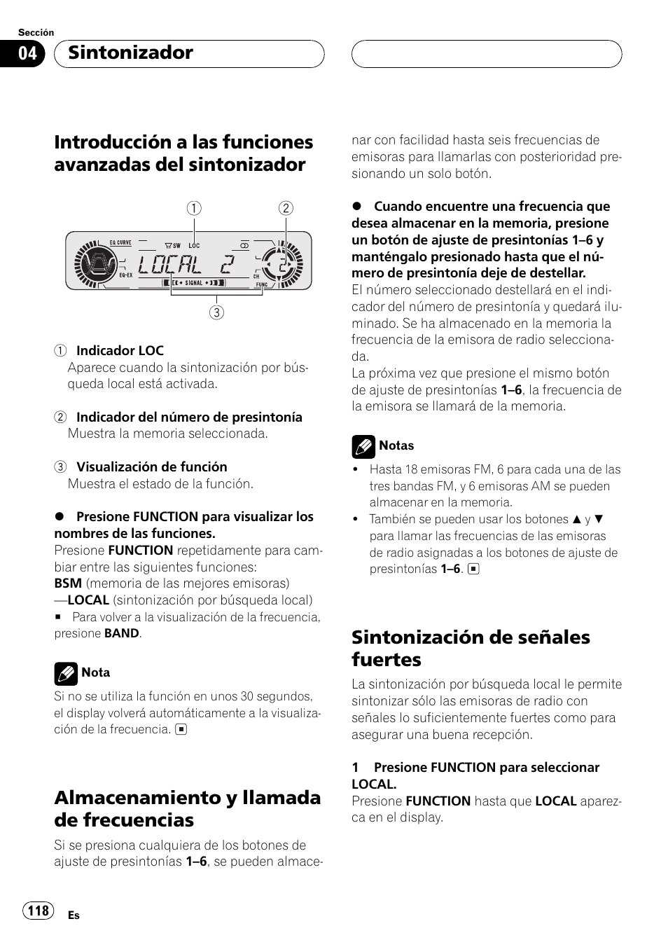 Introducción a las funciones avanzadas del, Sintonizador 118, Almacenamiento y llamada de | Frecuencias 118, Sintonización de señales fuertes 118, Almacenamiento yllamada de frecuencias, Sintonización de señales fuertes, Sintonizador | Pioneer DEH-P5500MP User Manual | Page 118 / 160
