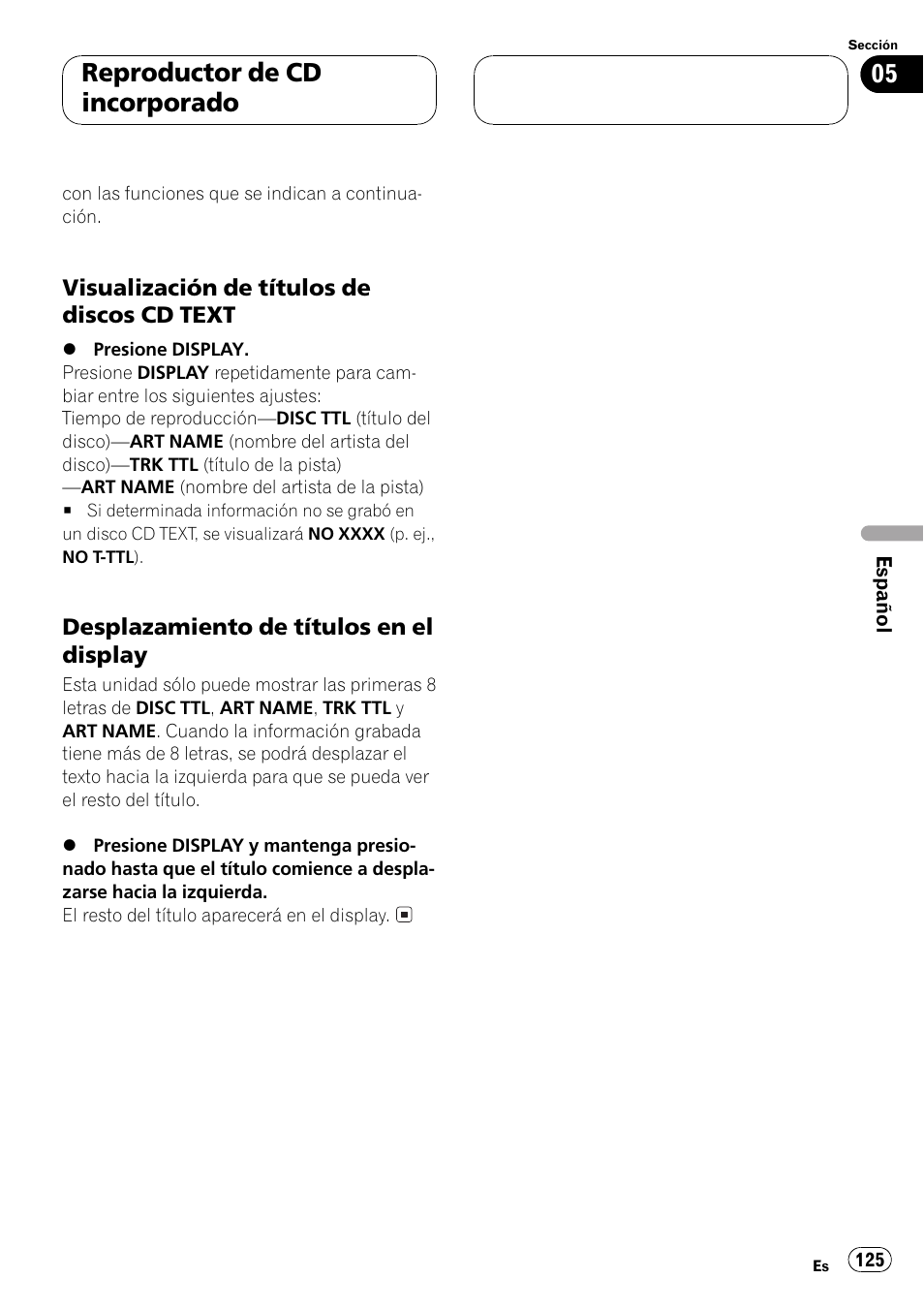 Visualización de títulos de discos cd, Text 125, Desplazamiento de títulos en el | Display 125, Reproductor de cd incorporado | Pioneer DEH-P5500MP User Manual | Page 125 / 160