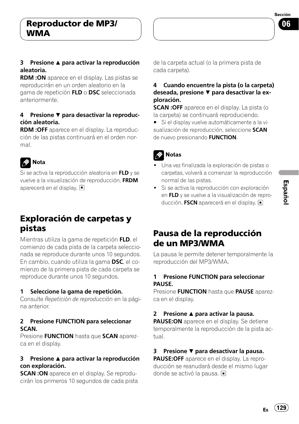 Exploración de carpetas y pistas 129, Pausa de la reproducción de un mp3, Wma 129 | Exploración de carpetas y pistas, Pausa de la reproducción de un mp3/wma, Reproductor de mp3/ wma | Pioneer DEH-P5500MP User Manual | Page 129 / 160