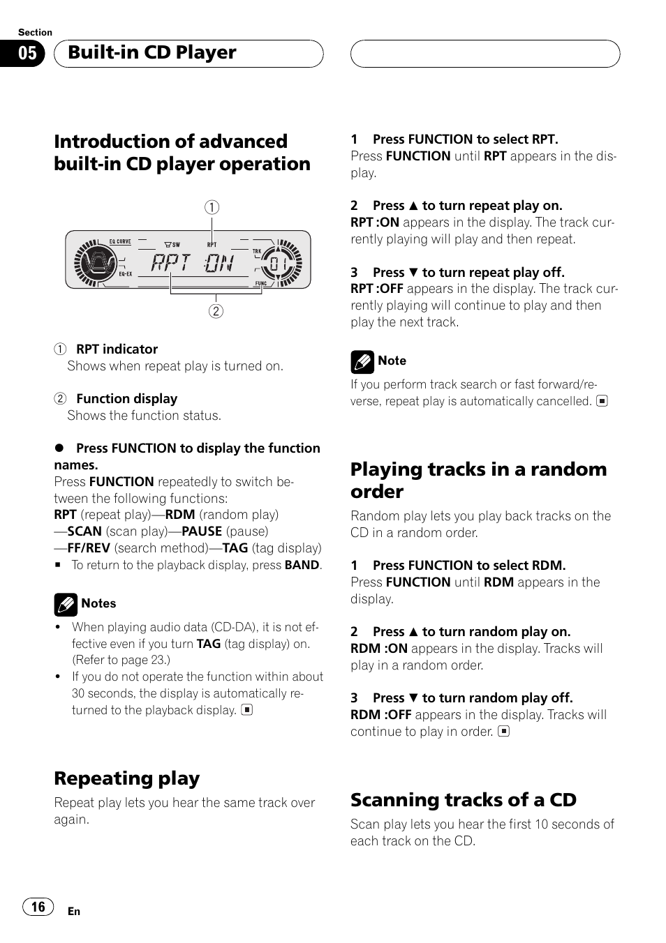 Introduction of advanced built-in cd player, Operation 16, Repeating play | Playing tracks in a random order, Scanning tracks of a cd, Built-in cd player | Pioneer DEH-P5500MP User Manual | Page 16 / 160