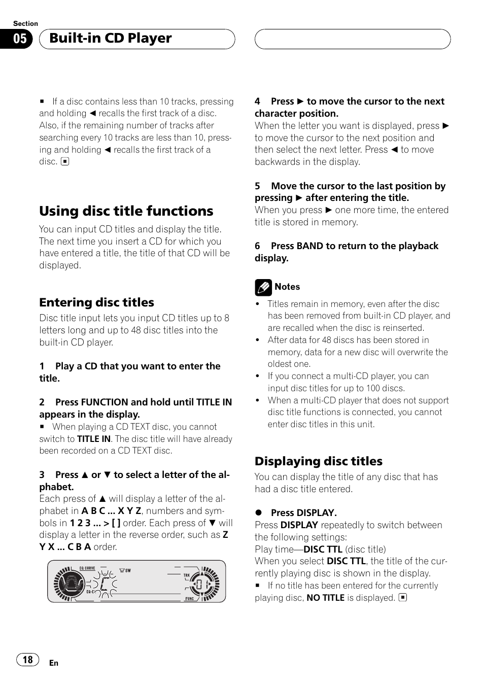 Using disc title functions 18, Entering disc titles 18, Displaying disc titles 18 | Using disc title functions, Built-in cd player, Entering disc titles, Displaying disc titles | Pioneer DEH-P5500MP User Manual | Page 18 / 160