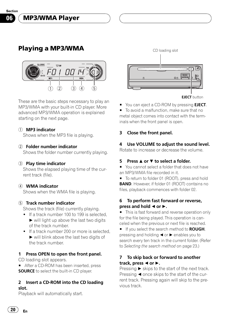 Mp3/wma player playing a mp3/wma 20, Playing a mp3/wma, Mp3/wma player | Pioneer DEH-P5500MP User Manual | Page 20 / 160