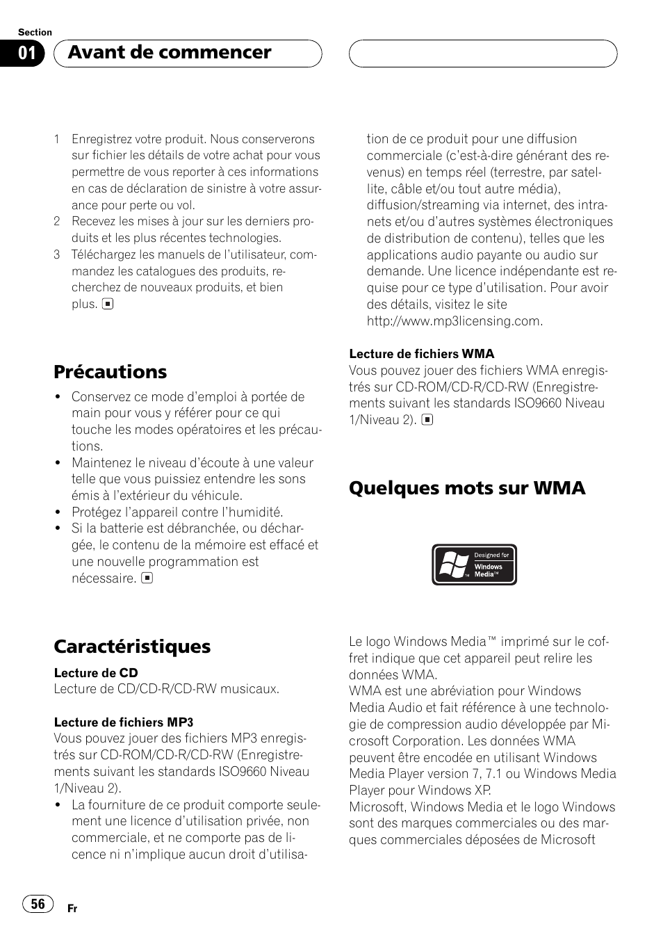 Précautions 56, Caractéristiques 56, Quelques mots sur wma 56 | Précautions, Caractéristiques, Quelques mots sur wma, Avant de commencer | Pioneer DEH-P5500MP User Manual | Page 56 / 160