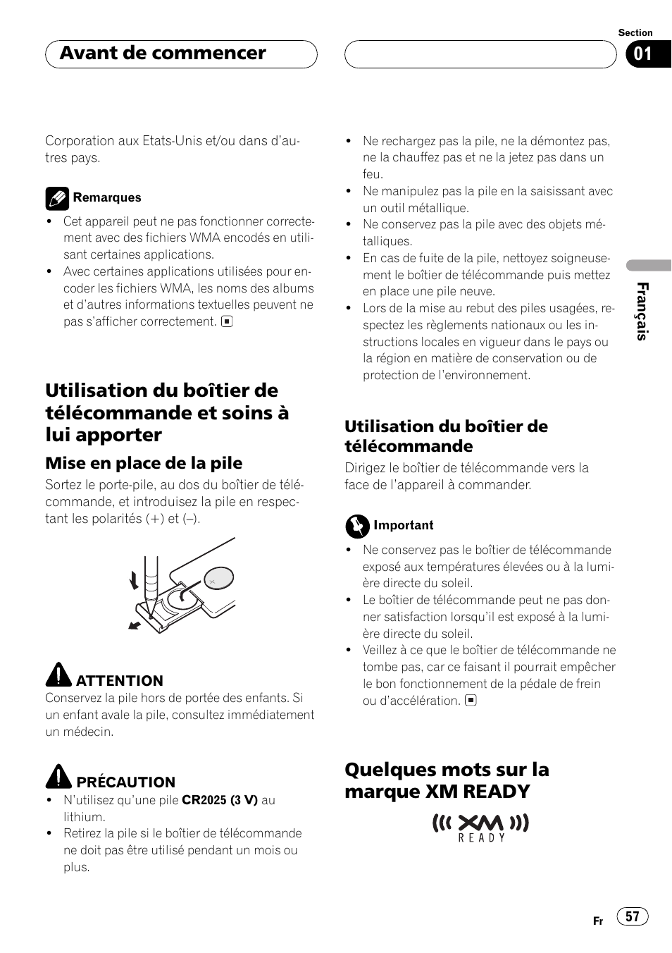 Utilisation du boîtier de télécommande et, Soins à lui apporter 57, Mise en place de la pile 57 | Utilisation du boîtier de, Télécommande 57, Quelques mots sur la marque xm, Ready 57 | Pioneer DEH-P5500MP User Manual | Page 57 / 160