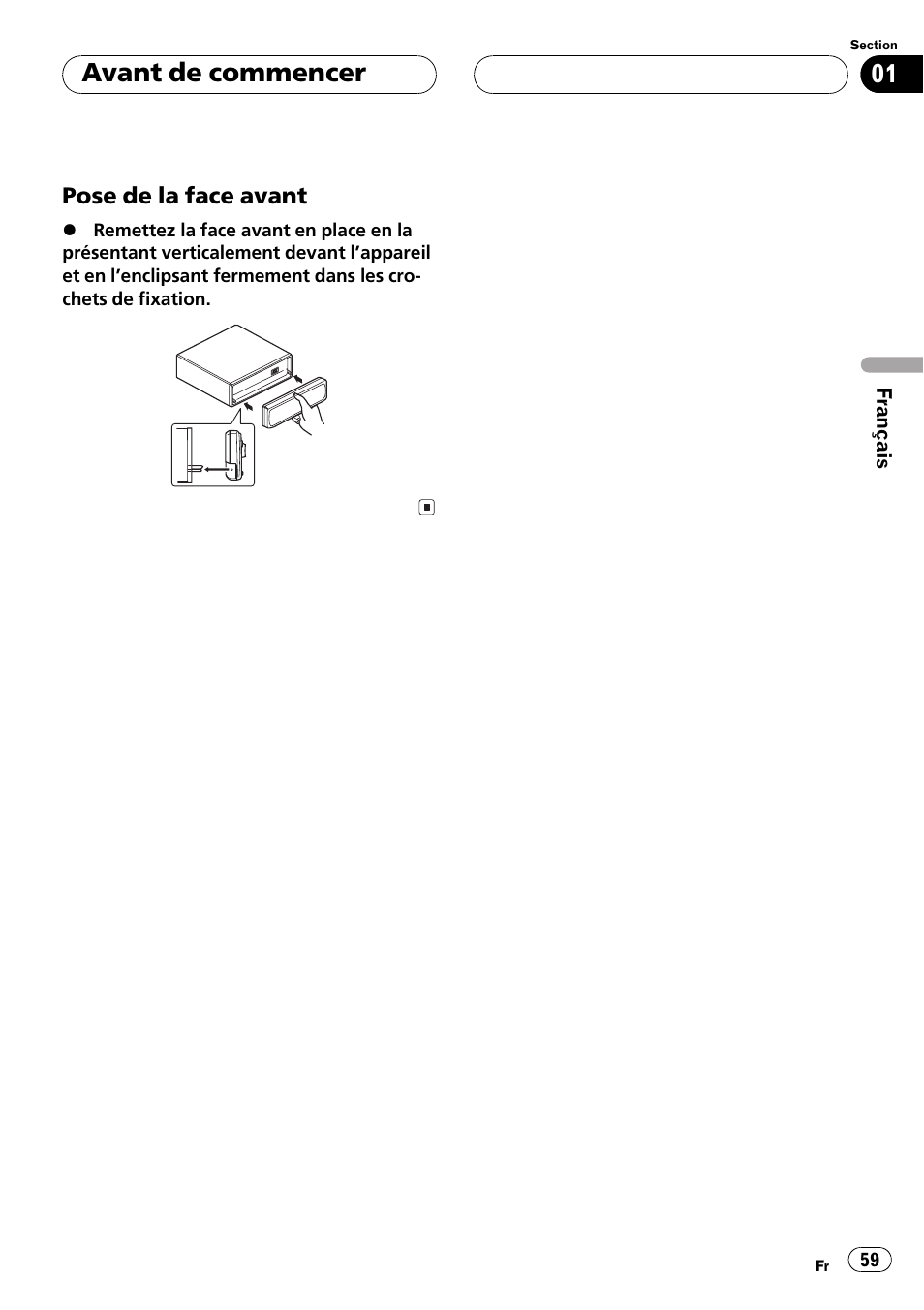 Pose de la face avant 59, Avant de commencer | Pioneer DEH-P5500MP User Manual | Page 59 / 160