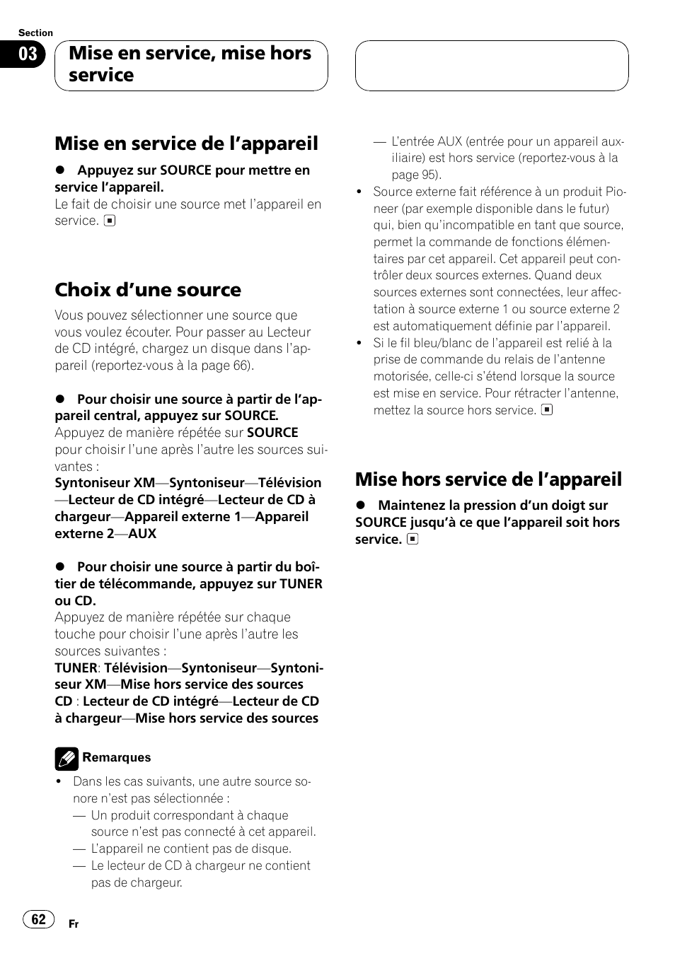 Mise en service, mise hors service, Mise en service de lappareil 62, Choix dune source 62 | Mise hors service de lappareil 62, Mise en service de lappareil, Choix dune source, Mise hors service de lappareil | Pioneer DEH-P5500MP User Manual | Page 62 / 160