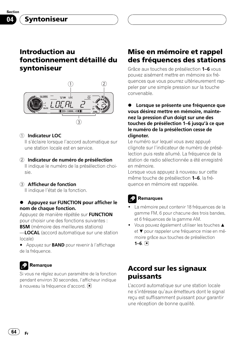 Introduction au fonctionnement détaillé du, Syntoniseur 64, Mise en mémoire et rappel des fréquences | Des stations 64, Accord sur les signaux puissants 64, Accord sur les signaux puissants, Syntoniseur | Pioneer DEH-P5500MP User Manual | Page 64 / 160