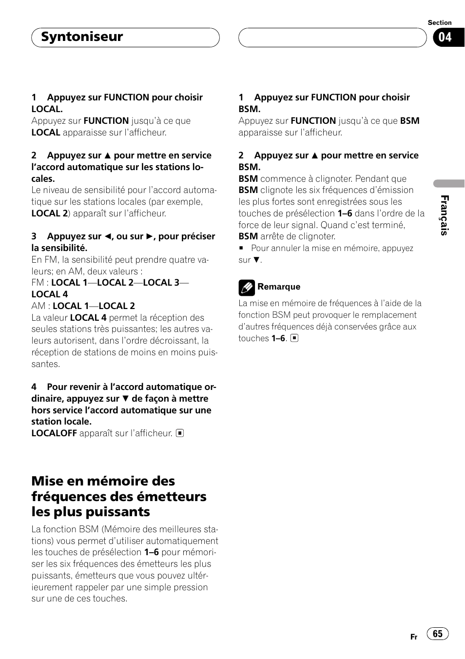Mise en mémoire des fréquences des, Émetteurs les plus puissants 65, Syntoniseur | Pioneer DEH-P5500MP User Manual | Page 65 / 160