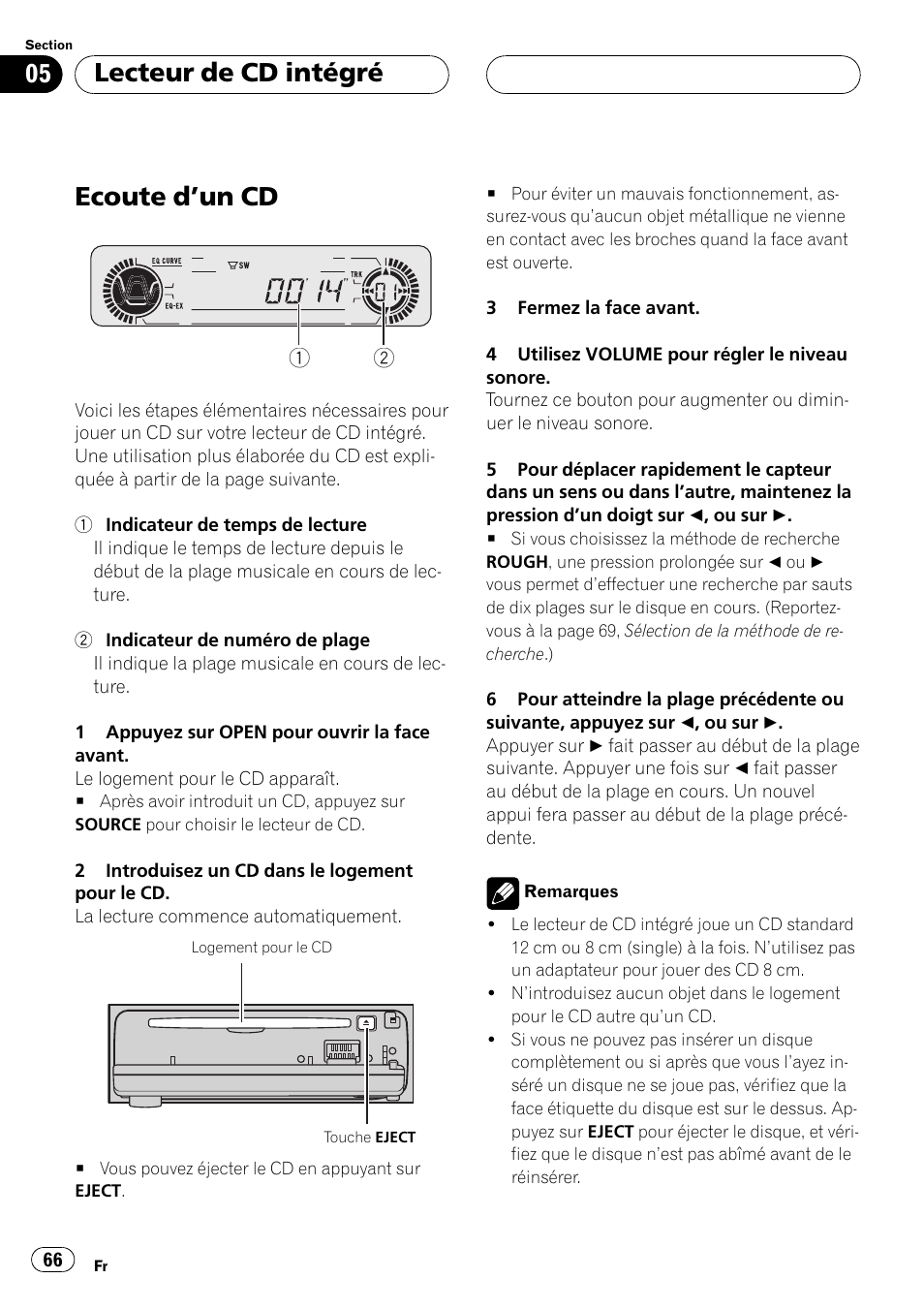 Lecteur de cd intégré, Ecoute dun cd 66, Ecoute dun cd | Pioneer DEH-P5500MP User Manual | Page 66 / 160